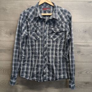 Distortion Men's Plaid Flannel Shirt XL Gray Black Snap Button Western Grunge